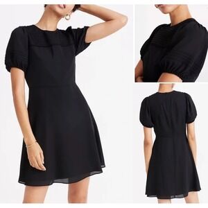 Madewell Black Pin Tuck Pleated Puff Sleeve Mini Dress A-Line‎ Cocktail